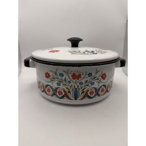 Vintage BERGGREN Swedish Design Small Covered Pot Pan Enamel Ware Rosemaling D22